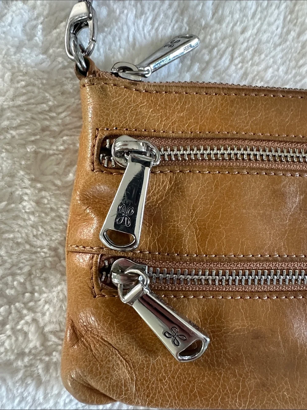 HOBO Cognac Leather Wristlet Clutch with Dual Zippers